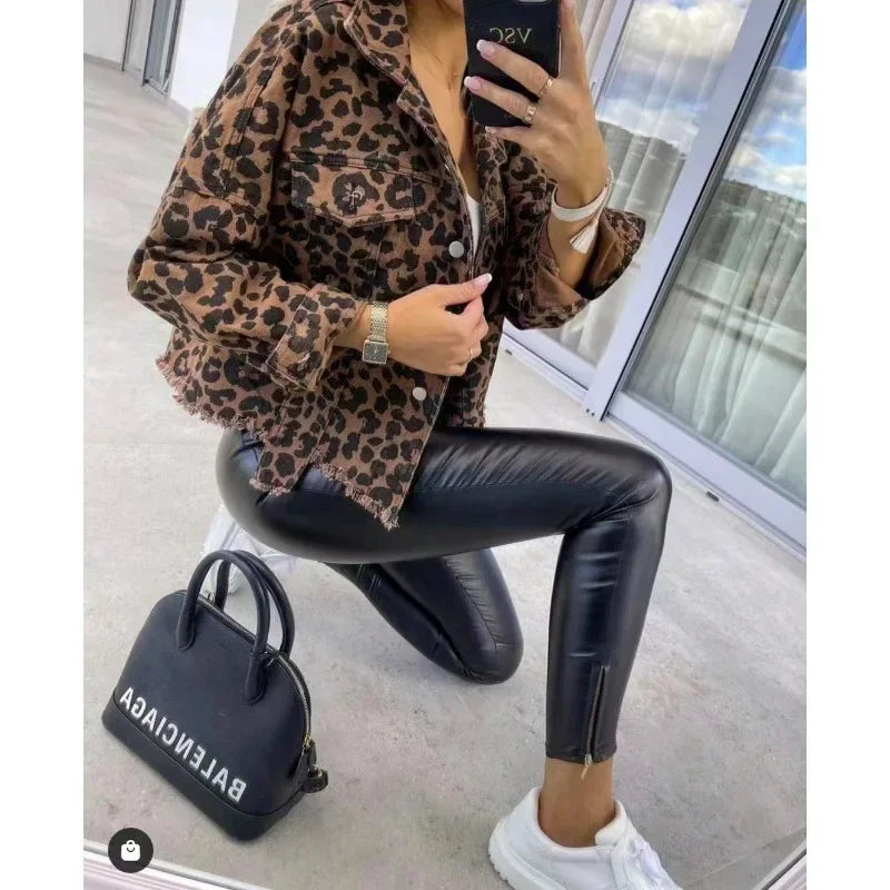 Unleash your wild side with our Raw Hem Trendy Leopard Denim Coat for Women! Made with high-quality denim, this coat features a fierce leopard print design and a stylish raw hem. Stay on-trend and make a statement with this must-have piece.