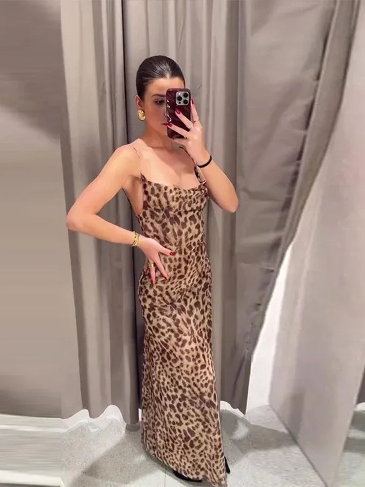 Women's Long Leopard Print Slip Dress Maxi Length Backless