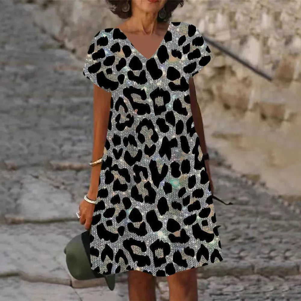 Classic Leopard Print Short Sleeve Midi Dress