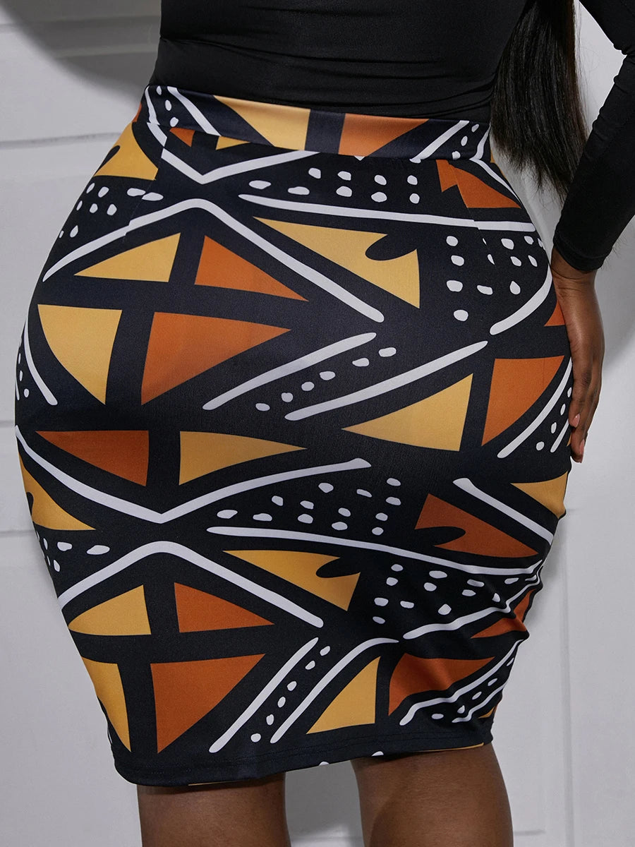 Plus Size Slit Skirt with Geometric Print Pattern