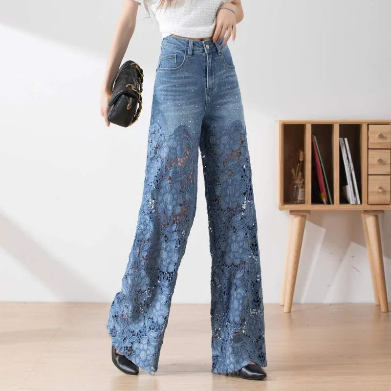 Elegant Lace High Waist Denim Jeans