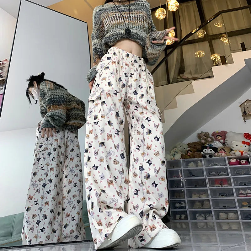 Wide Leg Pants with Cute Cat Graphic Print