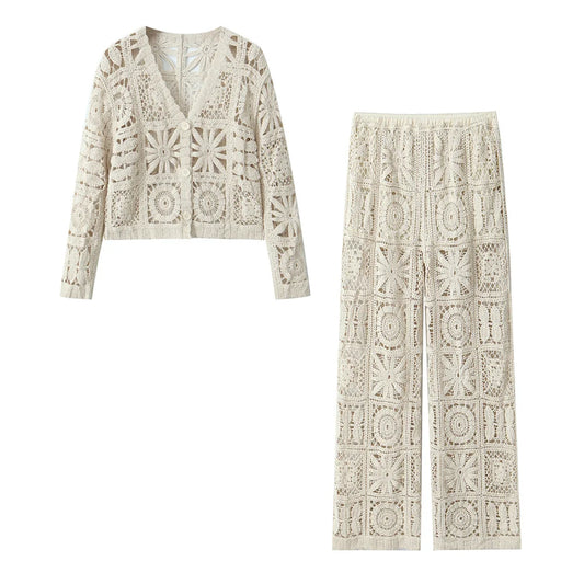 Indulge in style and comfort with our Beige Crochet Cardigan and Wide Leg Elastic Waist Pants. The cozy crochet detailing on the cardigan and the adjustable waistband on the pants offer the perfect blend of fashion and function. Elevate your wardrobe with this must-have set!