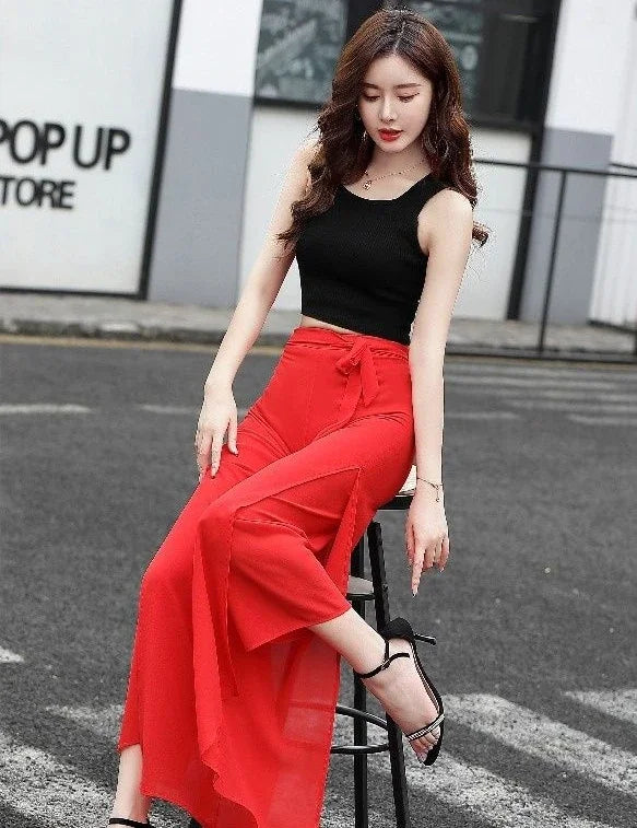 Chiffon Mesh Flare Pants in Red Maroon and Black