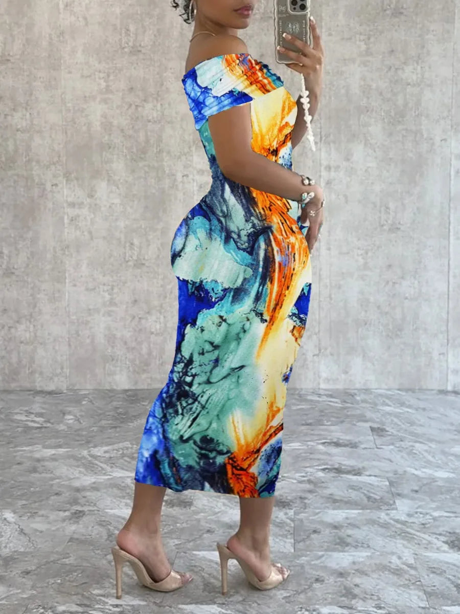 Plus Size Off The Shoulder Mid Length Bodycon Print Dress