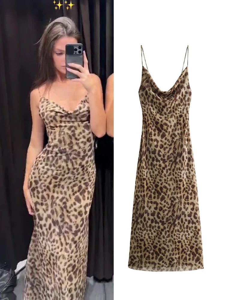 Women's Long Leopard Print Slip Dress Maxi Length Backless