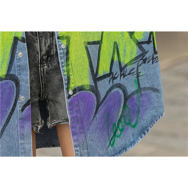 Make a statement with our Vintage Oversized Casual Denim Graffiti Print Jacket! With its unique graffiti print and oversized fit, you'll turn heads everywhere you go. Made from high-quality denim, this jacket is both stylish and comfortable. Elevate your casual look and stand out from the crowd with this must-have piece.