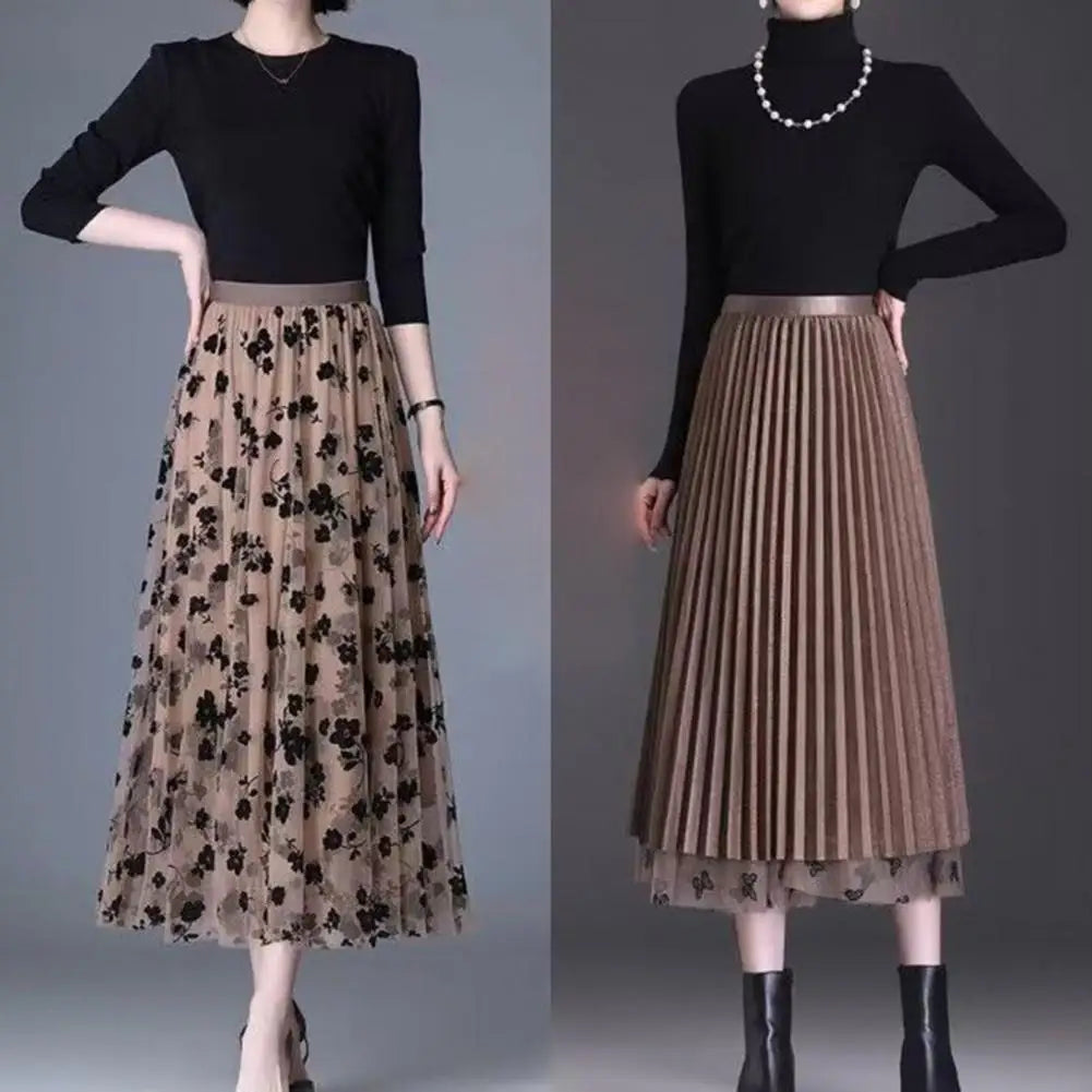 Floral pattern on the mesh side.  its beautiful.  the pleated side is shorter than the mesh.  Perfect combination.  This skirt is mocha colored with black floral designs