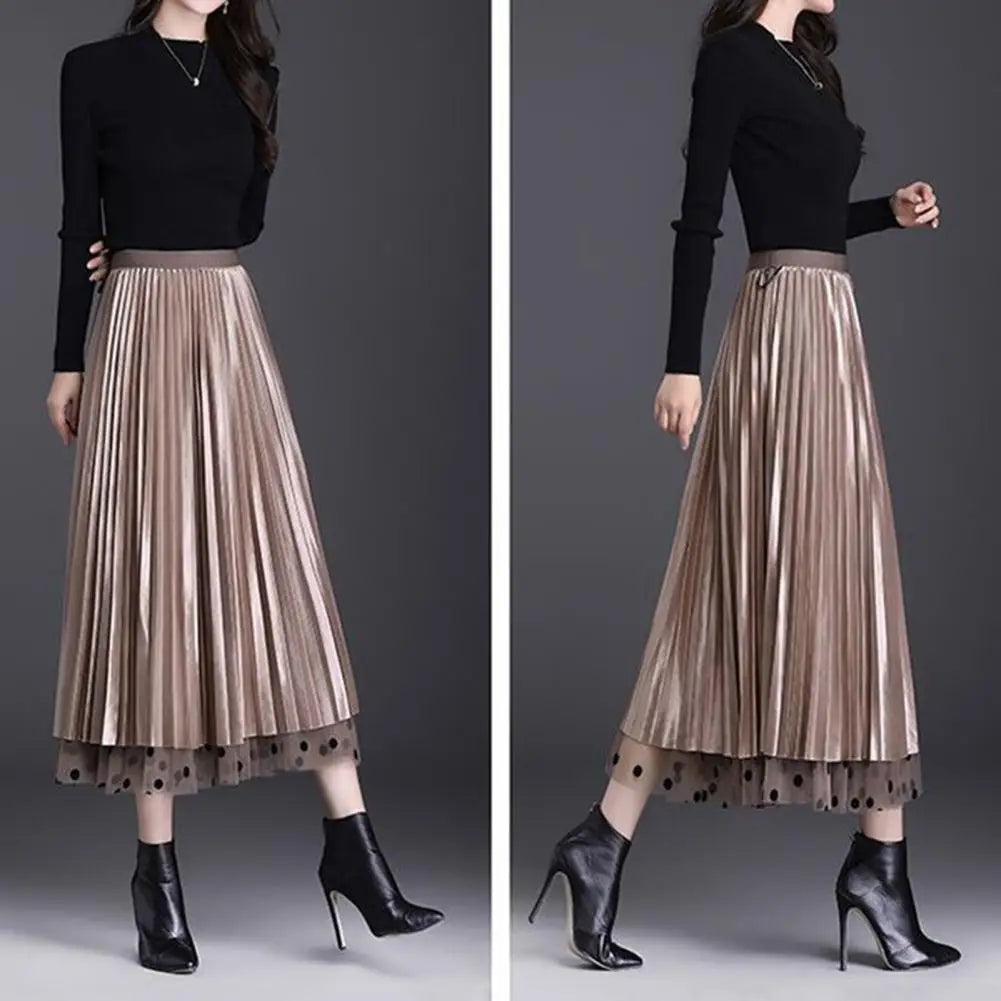 Women's Reversible Elastic High Waist Double Layered Mesh with Pleated A Line Full Midi Skirt