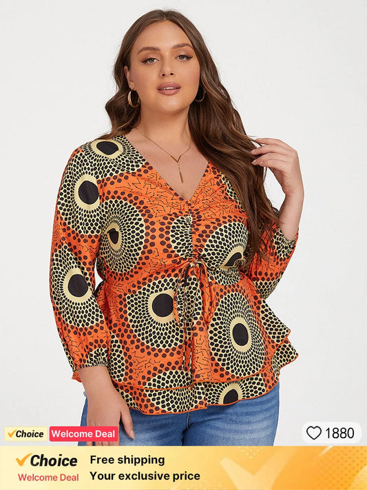 Burnt Orange Print Long Sleeve V Neck Plus Size Top