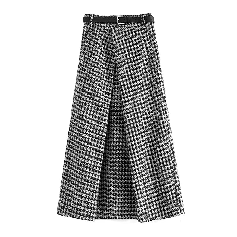 Woolen Plaid Houndstooth Midi Skirt