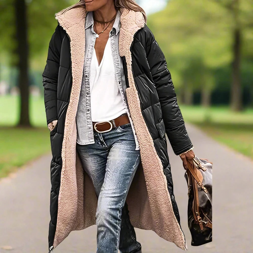 Black with beige fleece.  Keep cozy and stylish this winter with our Warm Winter Reversible Fleece Hooded Mid Length Puffer Coat. Featuring a reversible design and fleece lining, this coat is perfect for cold weather. Its mid length and puffer style adds a touch of fashion to keep you warm. Stay warm and fashionable all season long!