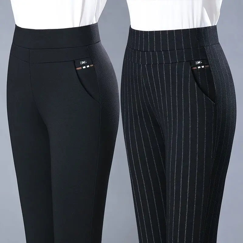 Black and Black Stripe - Elevate your style with our Stretch High Waist Skinny Leg Knit Slacks from Thread Harbor Clothing Company. These pants offer a sleek silhouette and a comfortable fit with their stretchy fabric and high waist design. Perfect for any occasion, they effortlessly flatter your figure while keeping you comfortable all day long.