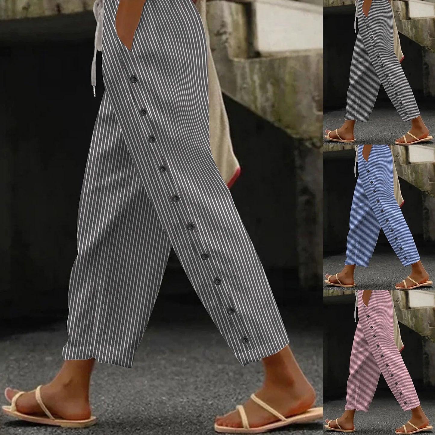 Summer Side Buttons Casual Trousers Loose Cotton Linen Harem Pants