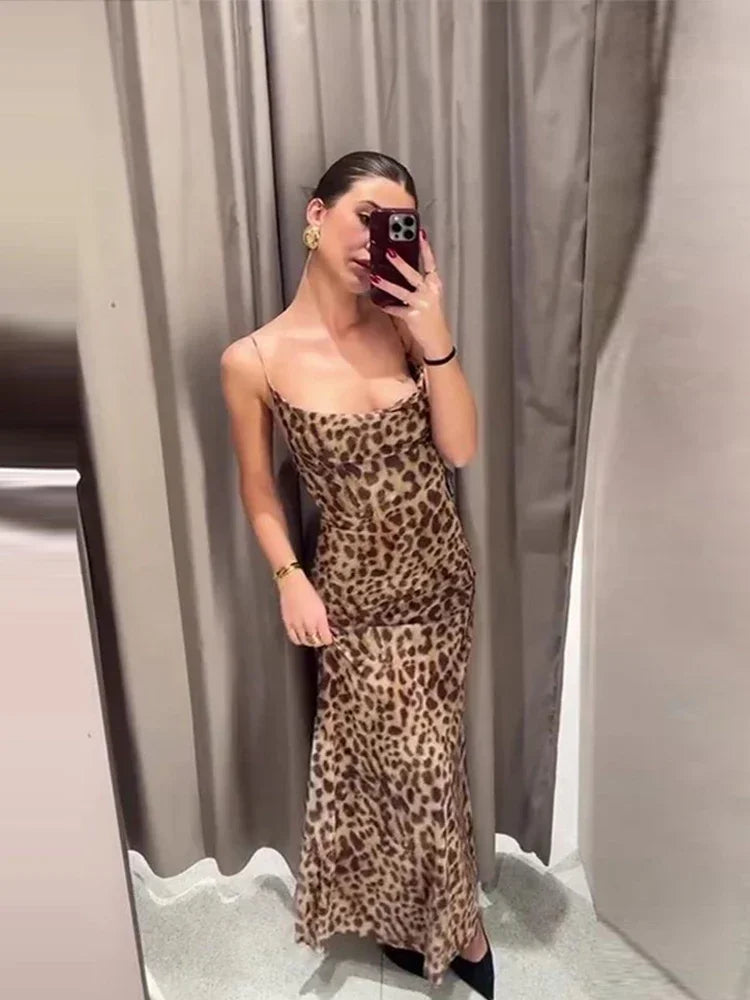 Women's Long Leopard Print Slip Dress Maxi Length Backless