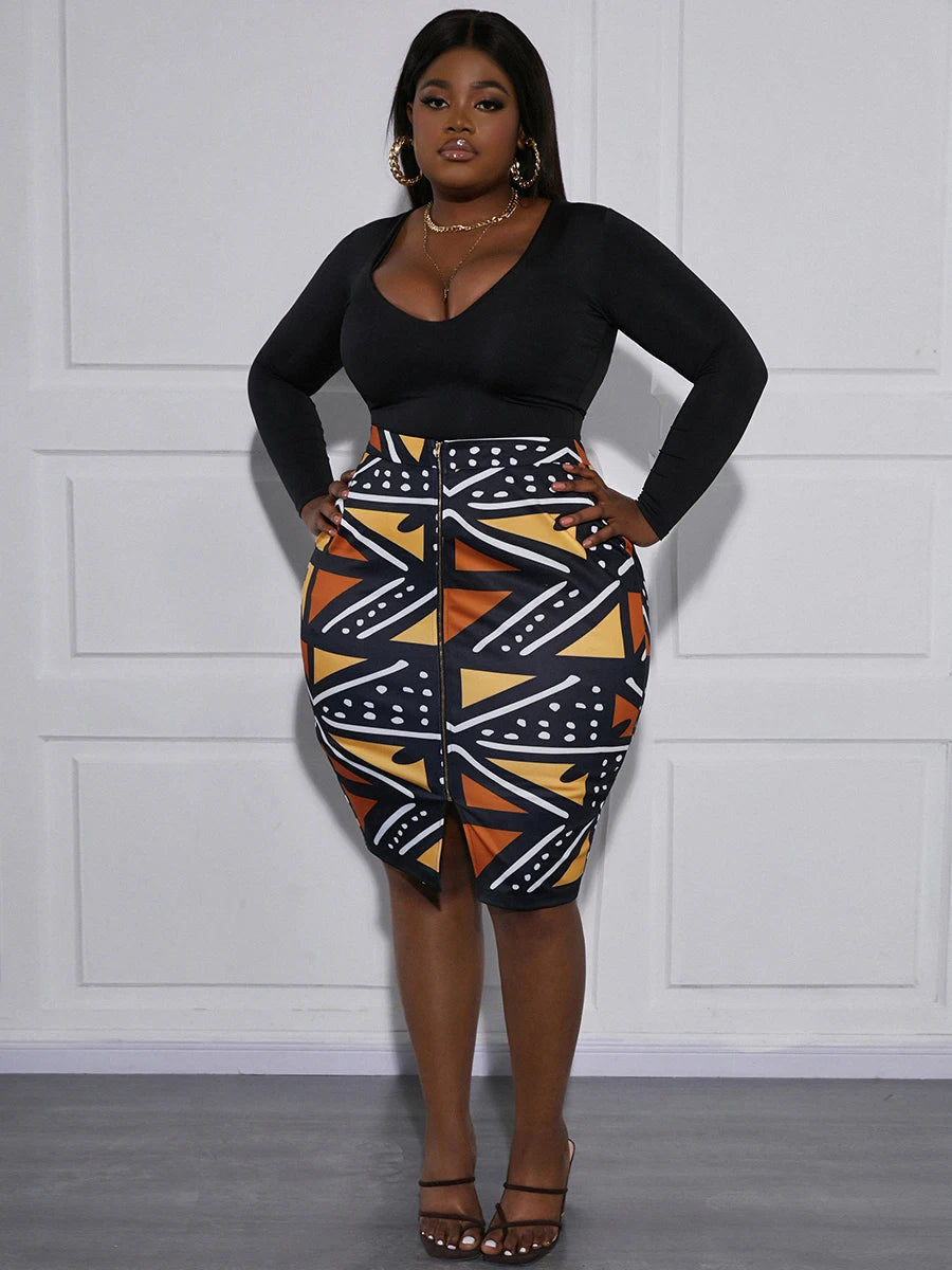 Plus Size Slit Skirt with Geometric Print Pattern