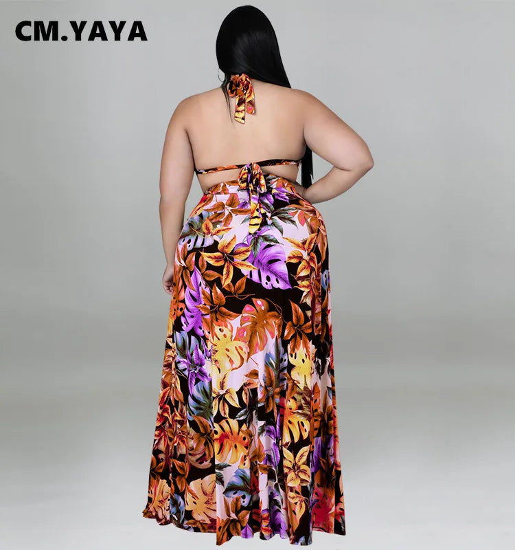 Plus Size Floral Maxi Dress with Tie Waist Two Piece Matching Beach Swimsuit Set