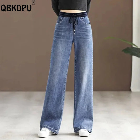 Women's Casual Wide Leg Jeans Drawstring High Waist Jeans