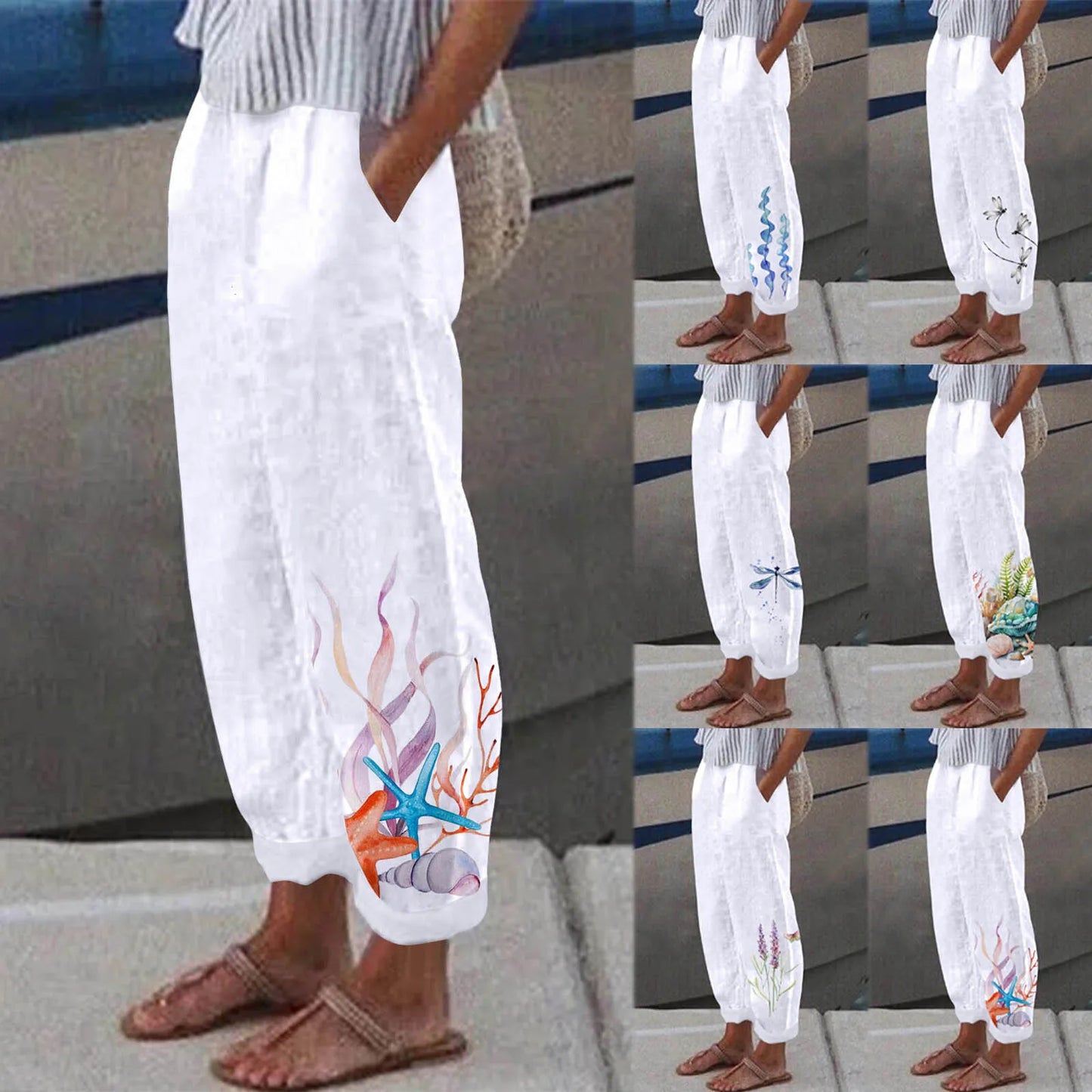 White Linen Summer Pants with Design Print and Front Pockets