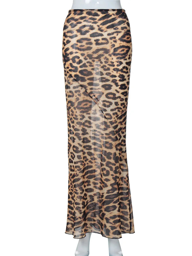 Leopard Print Chiffon High Waisted Summer Maxi Skirt