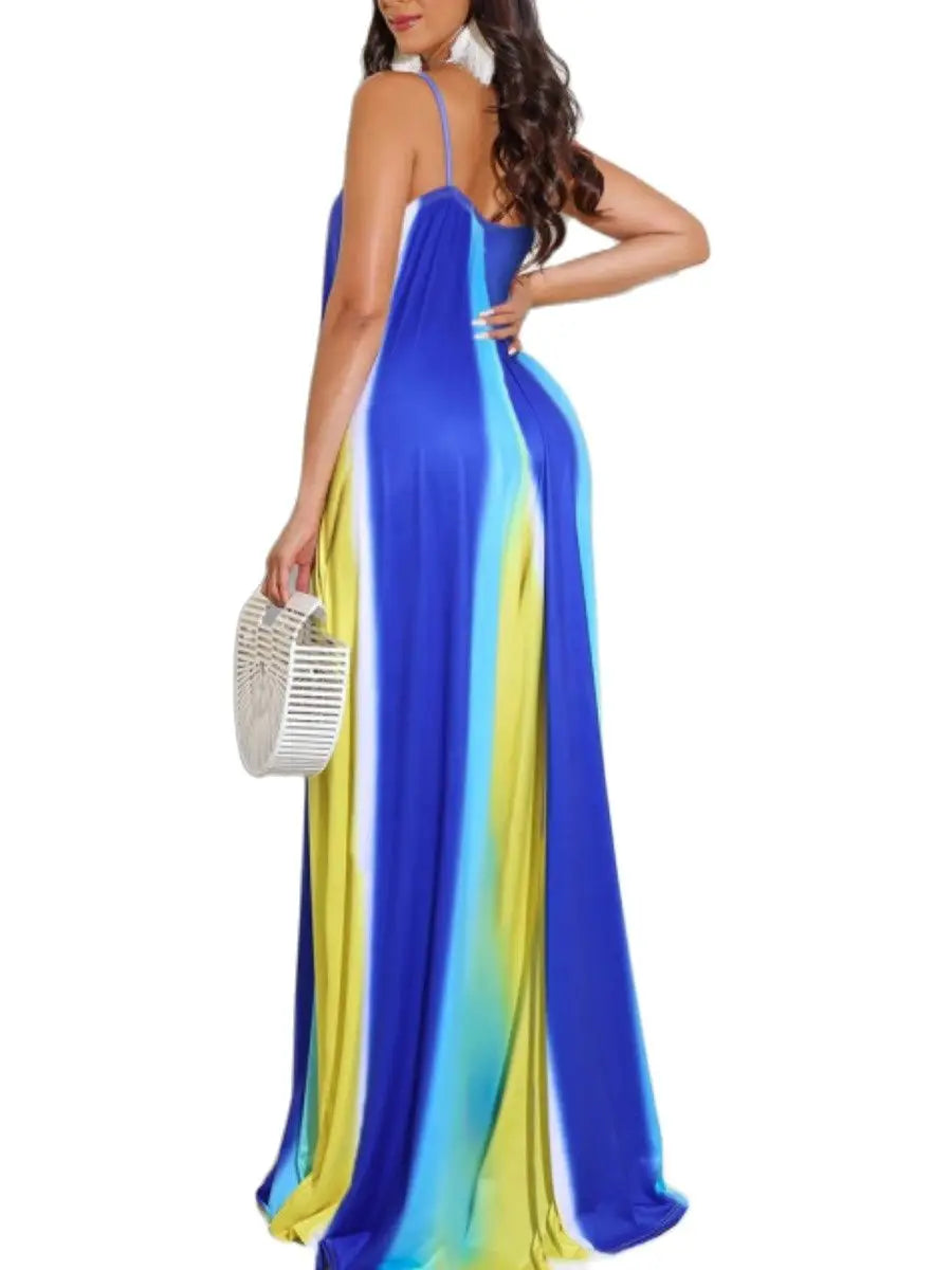 Long Beautiful Blue Sleeveless V-Neck Plus Size Beach Dress