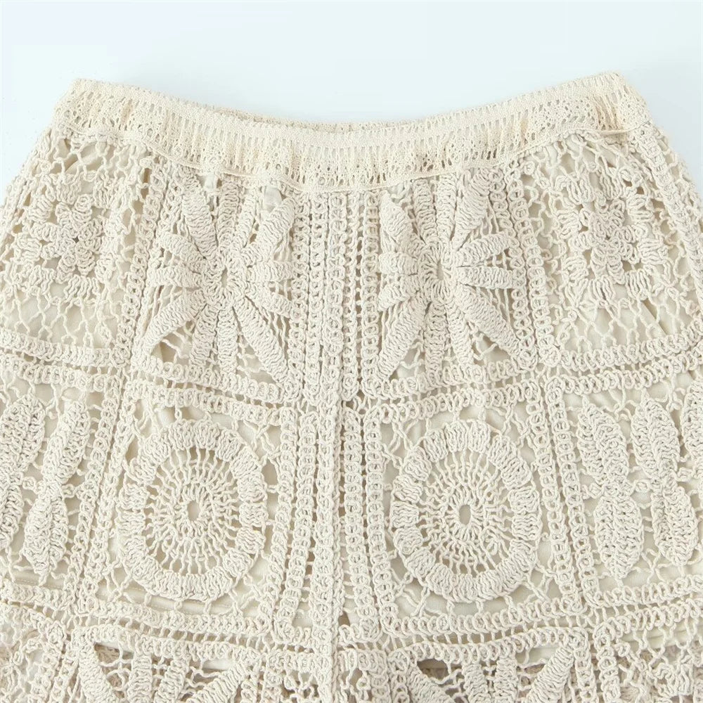 Beige Crochet Cardigan and Wide Leg Elastic Waist Pants - Thread Harbor Clothing Company