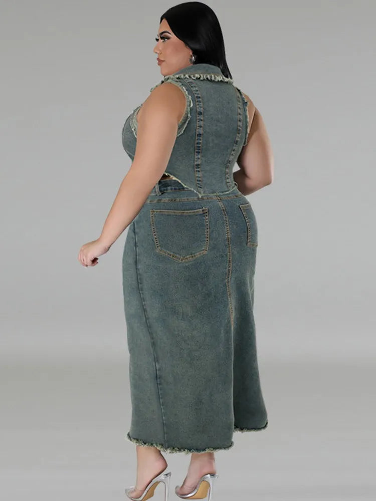 Women's Plus Size Denim Two Piece Sleeveless Vest and Matching Mid Length Skirt