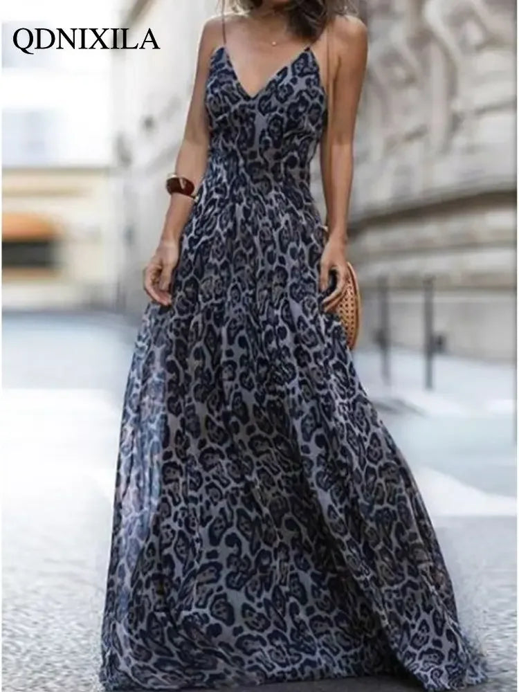 Elegant Long Leopard Print Suspender Maxi Dress