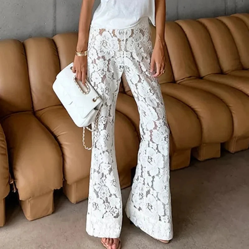 Women's Sheer Lace Wide Leg High Waist Long Pants