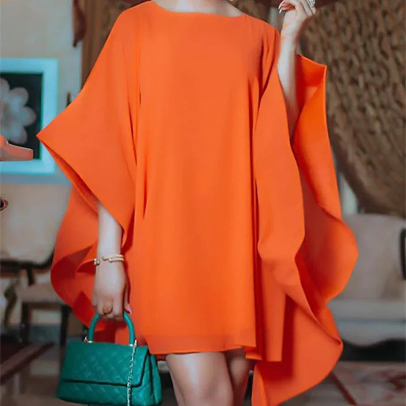 Elegant Orange Batwing Sleeve Loose Fitting Mini Length Party Dress