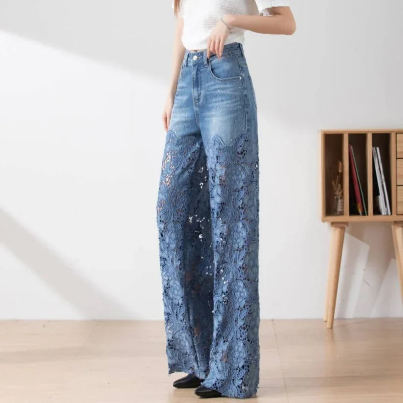 Elegant Lace High Waist Denim Jeans