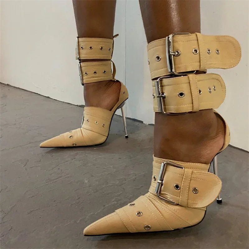 Strappy Pointy Toe Punk Style Buckle and Strap High Heel Shoes