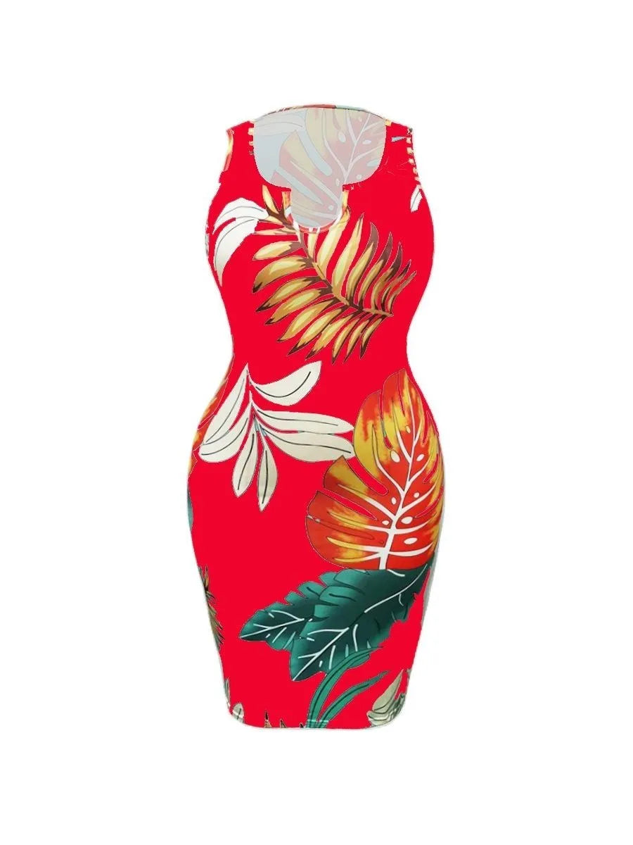 Sexy Plus Size Floral Print Bodycon Summer Dress in Red or Black