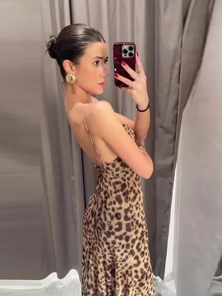 Women's Long Leopard Print Slip Dress Maxi Length Backless