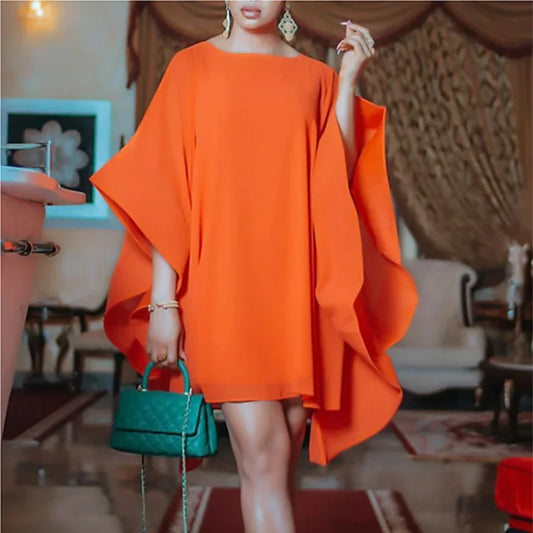 Elegant Orange Batwing Sleeve Loose Fitting Mini Length Party Dress