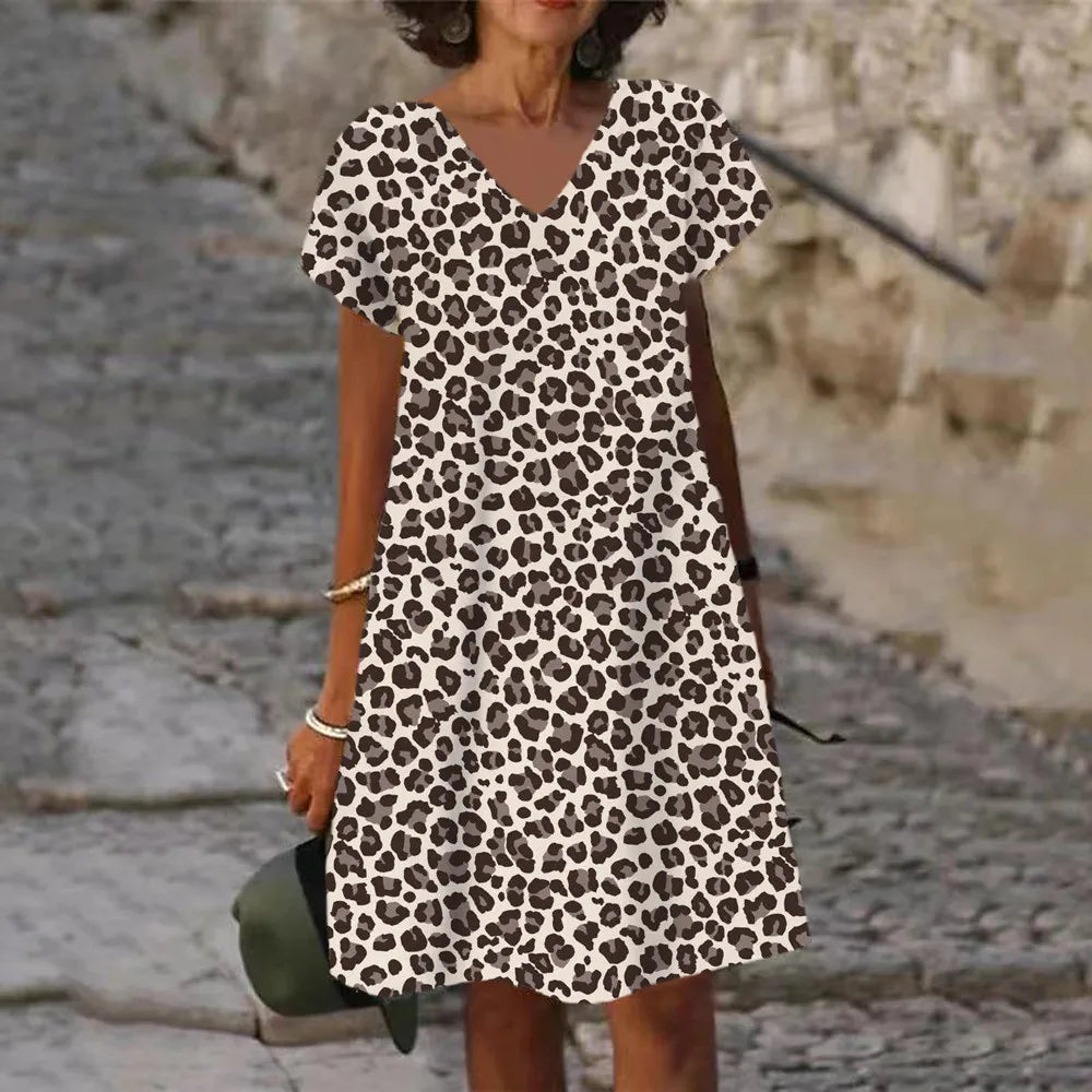 Classic Leopard Print Short Sleeve Midi Dress