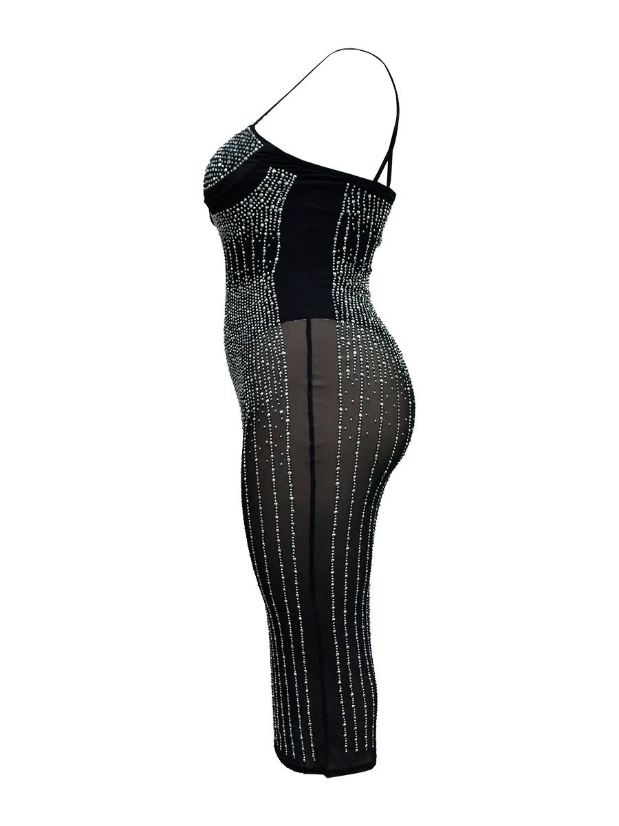 Elegant Plus Size Black Sequined Spaghetti Strap See Through Knee Length Bodycon Dress