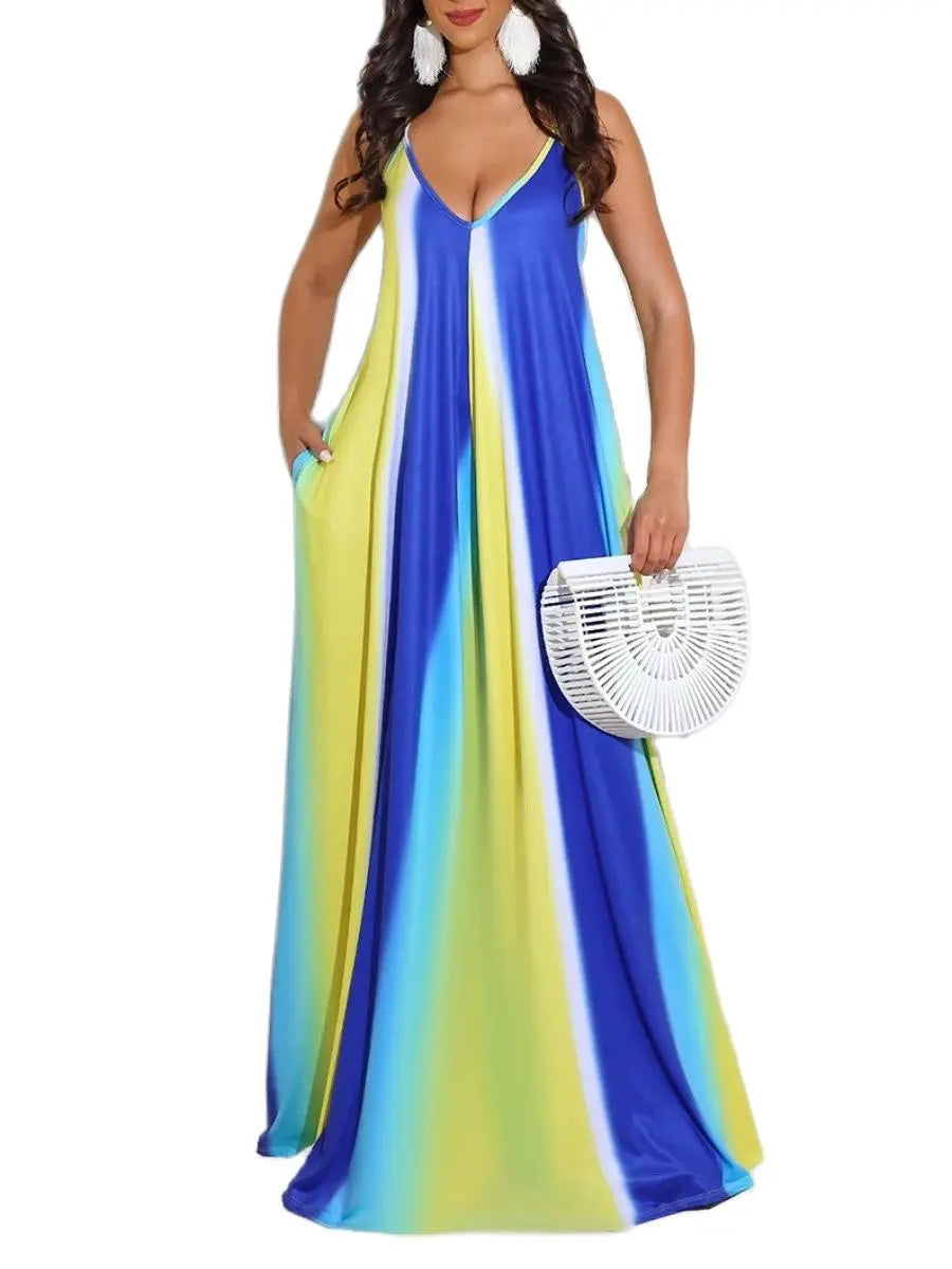 Long Beautiful Blue Sleeveless V-Neck Plus Size Beach Dress