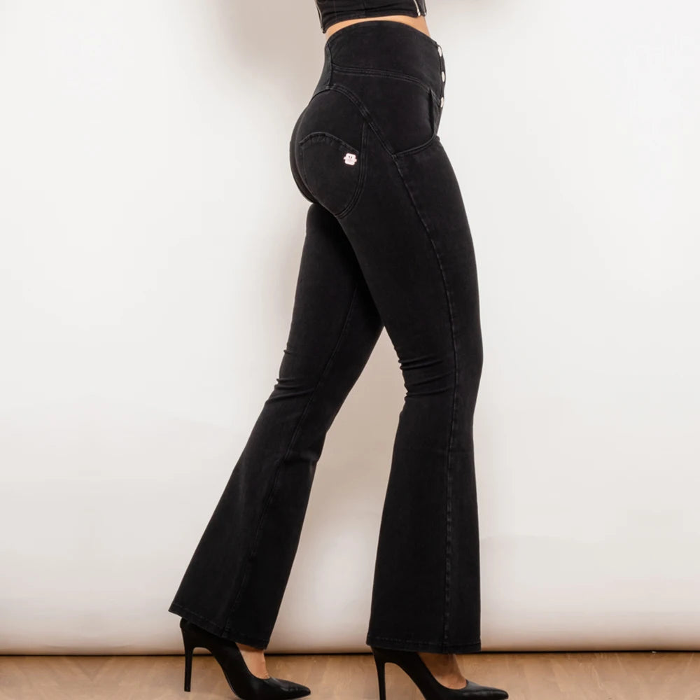    Introducing our Black Flare Leg Butt Lift Jeggings, designed to shape and lift your butt while providing a comfortable mid rise and high waist fit. These button up jeans feature a stylish flare leg for a modern touch. Upgrade your wardrobe and boost your confidence with these innovative jeans!