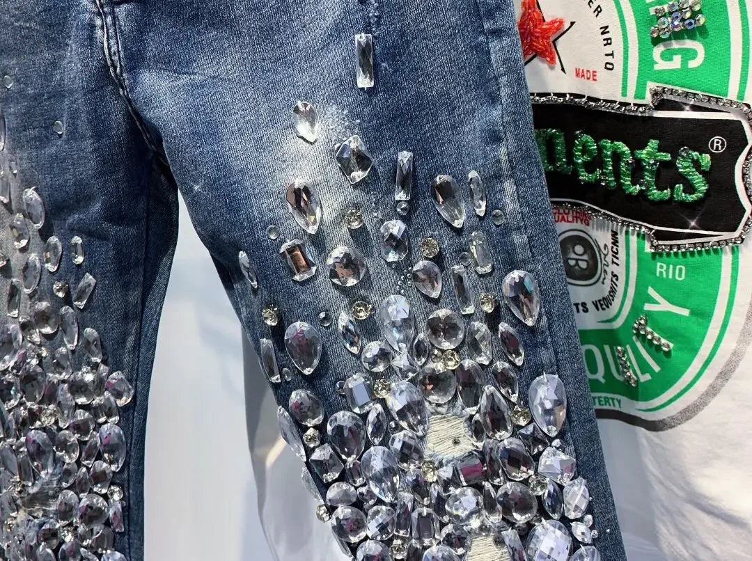 Handmade Rhinestone Beaded Denim Skinny Jeans