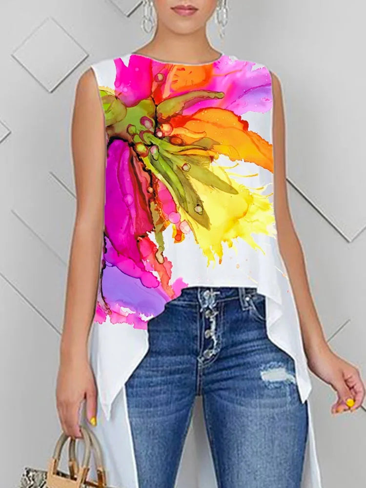 Women's Tux Tail Top Sleeveless Scoop Neck Short in Front Mid Length in Back Floral Print