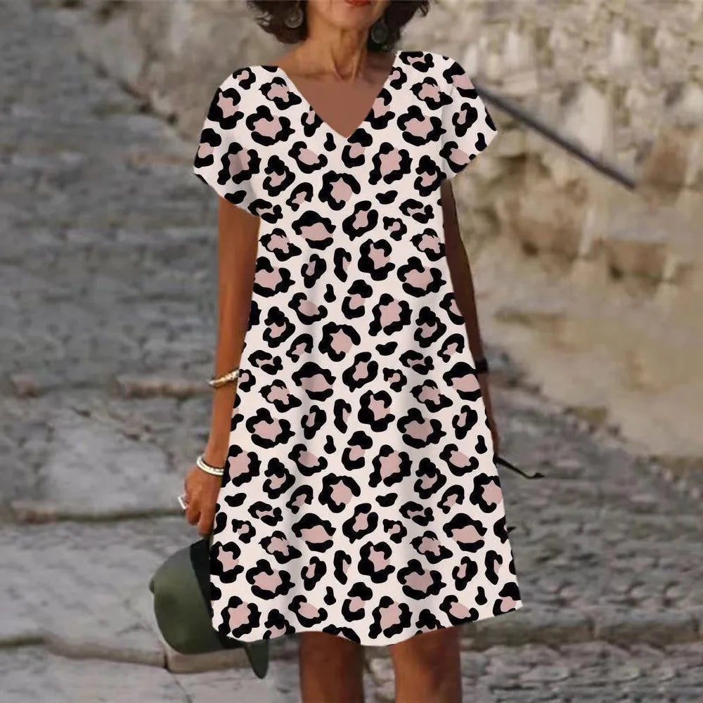 Classic Leopard Print Short Sleeve Midi Dress