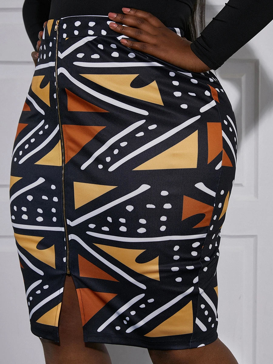 Plus Size Slit Skirt with Geometric Print Pattern