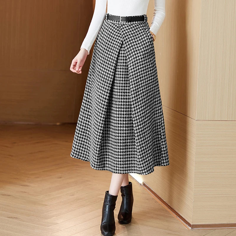 Woolen Plaid Houndstooth Midi Skirt