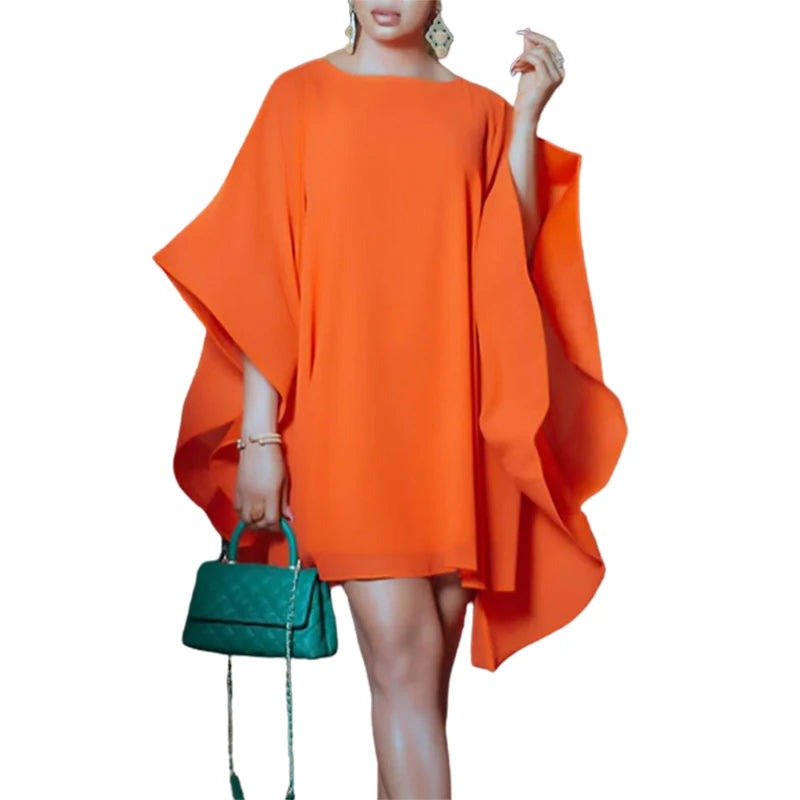 Elegant Orange Batwing Sleeve Loose Fitting Mini Length Party Dress