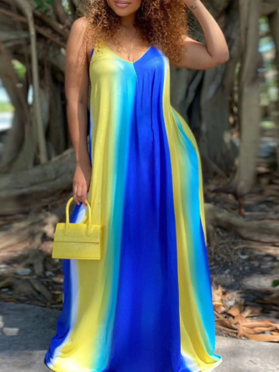 Indulge in the ultimate summer style with our Long Beautiful Blue Sleeveless V-Neck Plus Size Beach Dress. Feel effortlessly chic and comfortable thanks to its flowing design and flattering v-neck cut. Perfect for any beach day, this dress will make you stand out with its beautiful blue color.