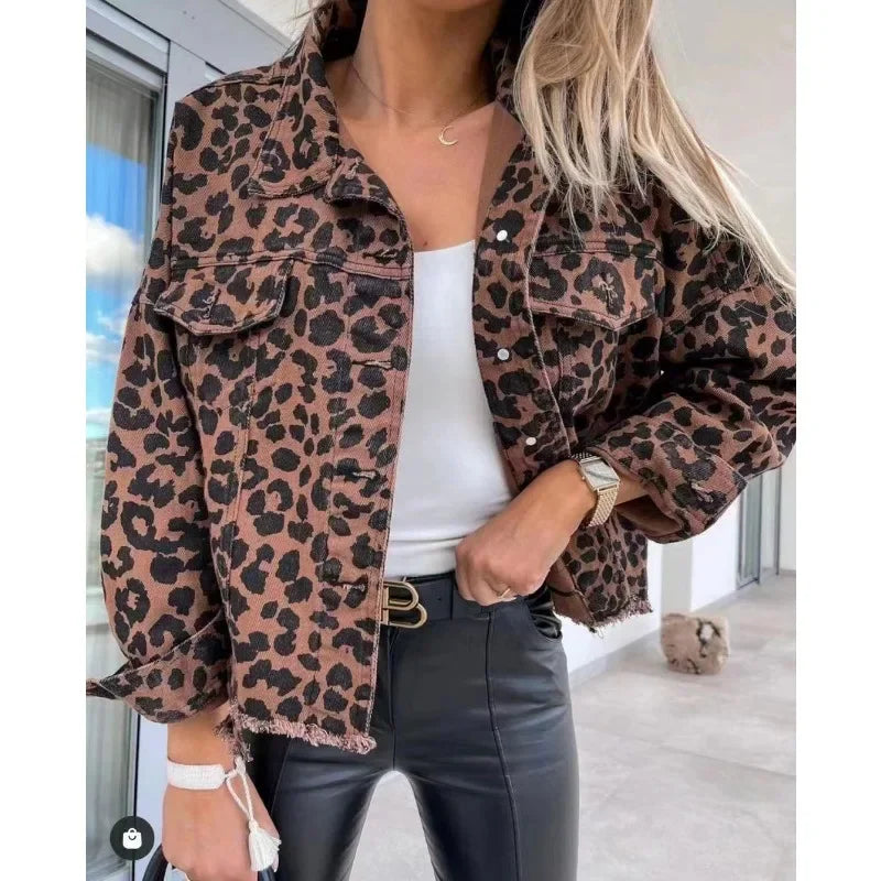 Unleash your wild side with our Raw Hem Trendy Leopard Denim Coat for Women! Made with high-quality denim, this coat features a fierce leopard print design and a stylish raw hem. Stay on-trend and make a statement with this must-have piece.