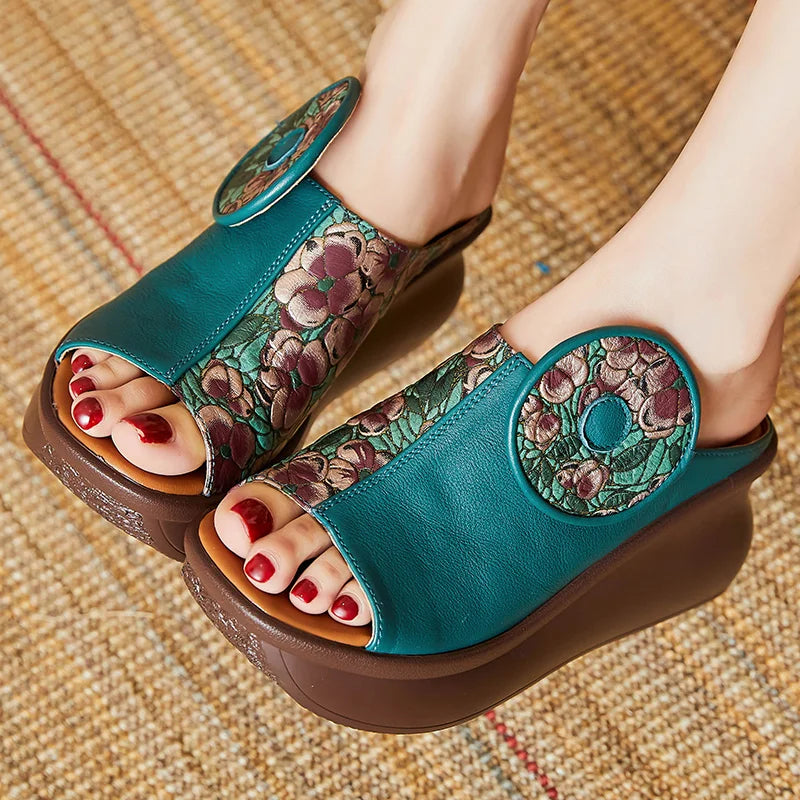 Genuine Leather Platform Sandals with Authentic Applique Design - Thread Harbor Clothing Company