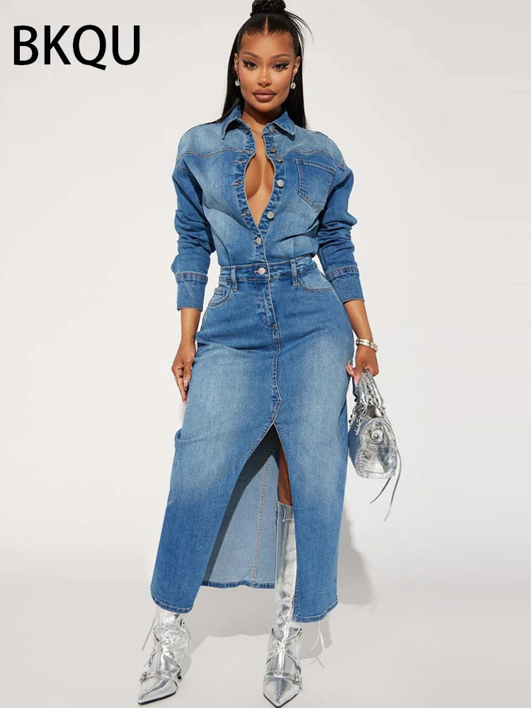 Get ready to turn heads with our Sexy Denim Long Sleeve Maxi Dress! Made from high-quality denim, this dress features long sleeves for a touch of elegance and a maxi length for a dramatic look. Perfect for any occasion, this dress will accentuate your curves and make you feel confident and sexy!