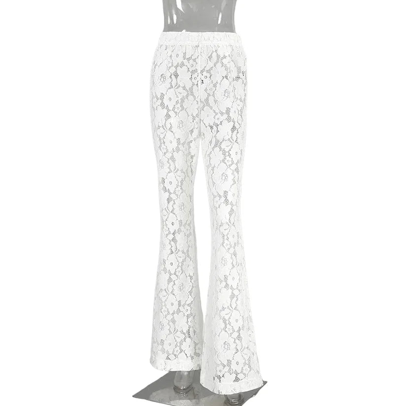 Women's Sheer Lace Wide Leg High Waist Long Pants